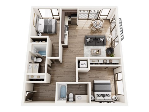 Floor plan for 2 beds, 2 baths, 965 sqft